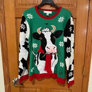 JOLLY SWEATERS Women's L Cow Jingle Bells Green Pullover Ugly Christmas Sweater